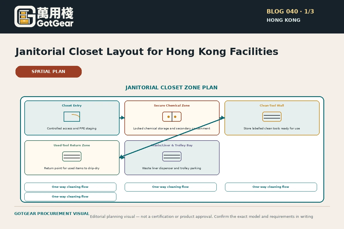 GotGear planning visual for janitorial closet layout Hong Kong: zone plan: secure chemical zone, clean-tool wall, used-tool return/drip-dry zone, waste/liner point and trolley parking bay, connected by a one-way cleaning workflow.
