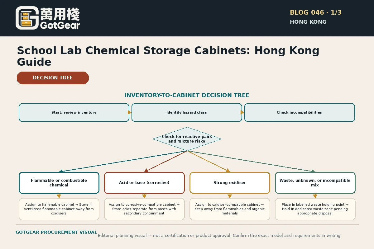 GotGear planning visual for school laboratory chemical storage cabinets Hong Kong: Inventory-to-cabinet decision tree branching by hazard and incompatibility rather than cabinet colour.